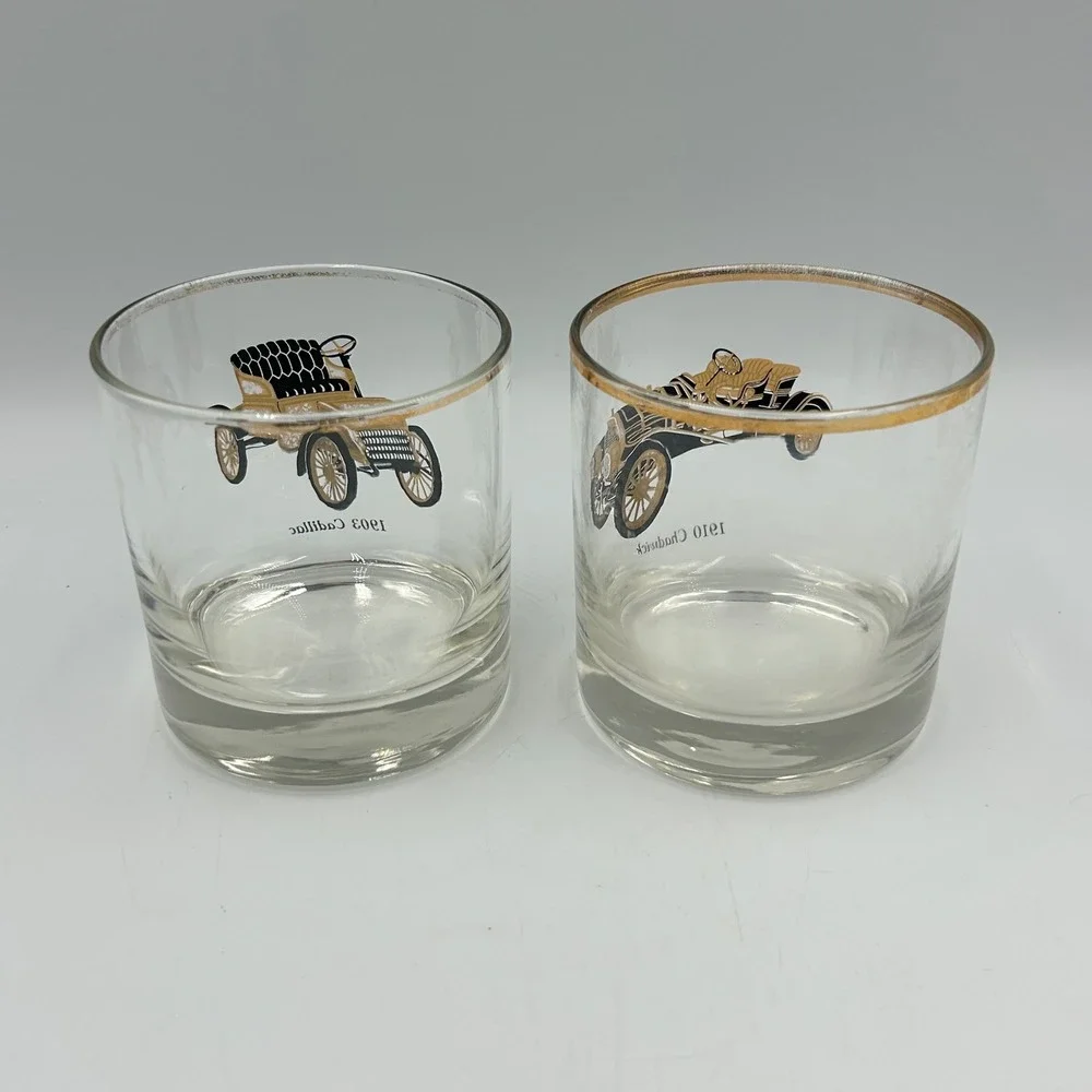 Whiskey Glasses Gold Clear Vintage Car Set of 2 Good